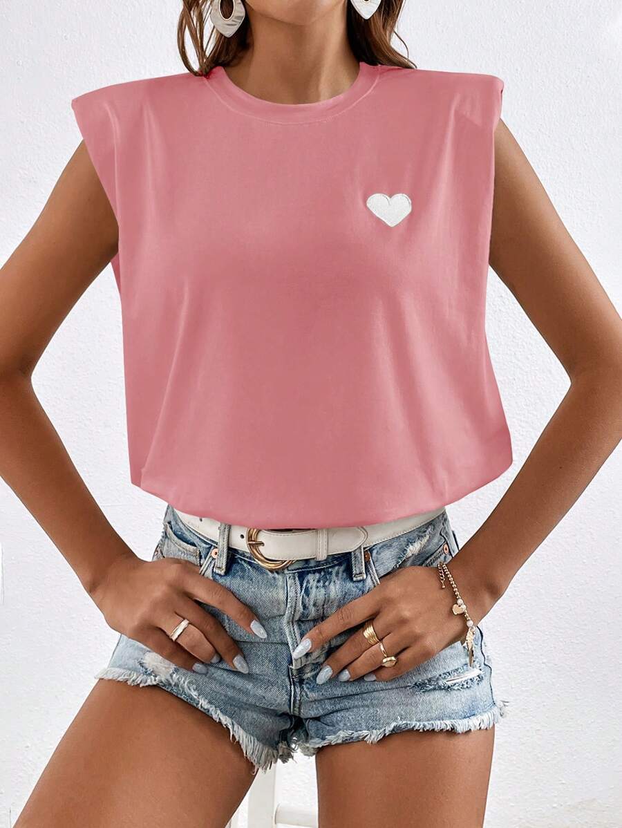 SHEIN Frenchy 愛心圖案墊肩背心上衣 - 淺粉色 - 查看 1