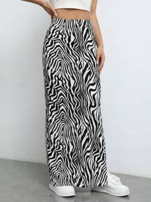 SHEIN EZwear Falda de rayas de cebra de muslo con abertura maxi - Blanco y Negro - Ver 7
