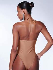 SHEIN BAE Ruched Front Halter Neck Backless Bodysuit - Apricot - View 2