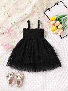 SHEIN Baby Solid Mesh Overlay Cami Dress - Black - View 2