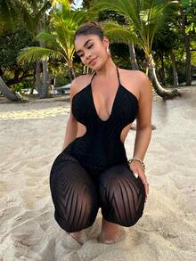 SHEIN SXY 鏤空露背網紗吊脖彈力緊身連體褲 - 黑色 - 查看 5