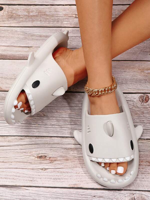 Preppy Light Grey Slippers For Women, Cartoon Shark Design Slides
