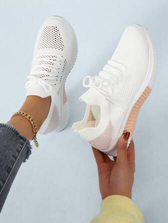 Women White Knit Detail Lace-up Front Sneakers, Breathable Round Toe Low-top Running Shoes