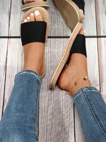 Women Minimalist Ribbed Strap Slides, Fashionable Open Toe Flat Sandals Valentines,Spring Summer Outfits - Black - View 6