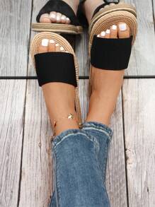 Women Minimalist Ribbed Strap Slides, Fashionable Open Toe Flat Sandals Valentines,Spring Summer Outfits - Black - View 7