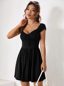 SHEIN EZwear 雞心領口前打結A字連衣裙 - 黑色 - 查看 7