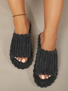 露趾女士厚底保暖蓬松家居拖鞋，适合室内外穿着，秋冬季，毛茸茸的鞋子 - 深灰色 - 查看 5