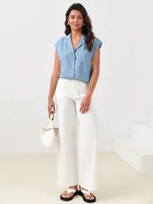 BizChic Cổ bẻ tay cánh Vá Túi Áo sơ mi Trang phục làm việc - Màu xanh bụi bặm - Xem 5