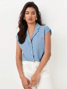 BizChic Cổ bẻ tay cánh Vá Túi Áo sơ mi Trang phục làm việc - Màu xanh bụi bặm - Xem 7