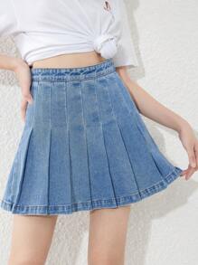 SHEIN 青少年女孩百褶牛仔半身裙