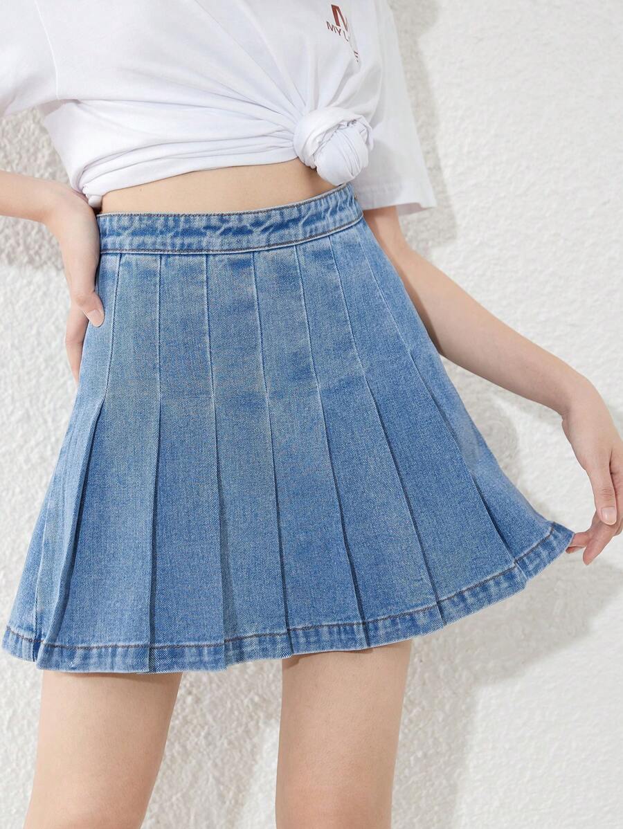 SHEIN 青少年女孩百褶牛仔半身裙