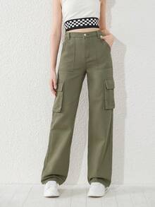 青少年女孩翻蓋口袋工裝牛仔褲 - 軍綠色 - 查看 5