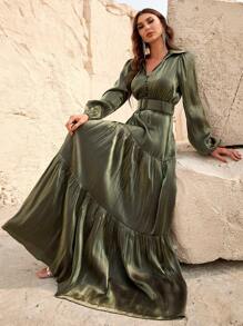 Faeriesty Vestido con mangas linterna, bajo con volantes y cinturón, vestido elegante de manga larga para cóctel, evento semi-formal, fiesta de graduación, cena, fiesta de bienvenida - Verde militar - Ver 4