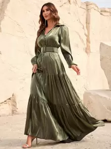 Faeriesty Vestido con mangas linterna, bajo con volantes y cinturón, vestido elegante de manga larga para cóctel, evento semi-formal, fiesta de graduación, cena, fiesta de bienvenida - Verde militar - Ver 1