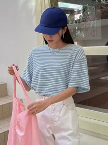 DAZY 條紋印花落肩 T 卹 - 藍白色 - 查看 6