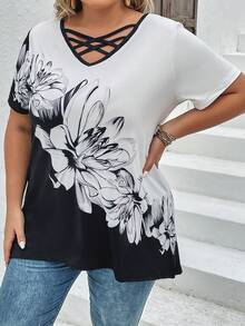 EMERY ROSE Áo thun Plus size Hội Chữ thập Hoa Giải trí - Đen và trắng - Xem 3