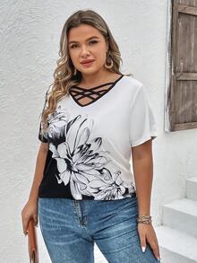 EMERY ROSE Áo thun Plus size Hội Chữ thập Hoa Giải trí - Đen và trắng - Xem 6