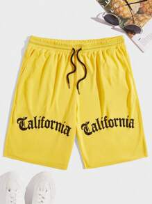 Manfinity Hypemode Hombres Shorts con estampado de letra de cintura con cordón - Amarillo - Ver 1