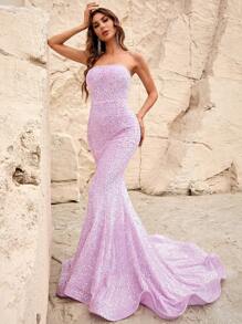 Mermaid Hem Sequin Tube Formal Dress - Mauve Purple - View 6
