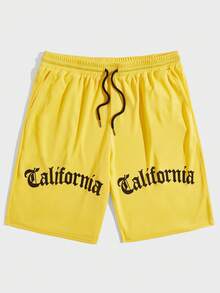 Manfinity Hypemode Hombres Shorts con estampado de letra de cintura con cordón - Amarillo - Ver 3