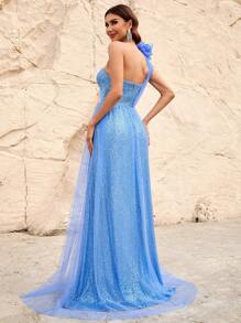 One Shoulder Stereo Flower Mesh Overlay Sequin Formal Dress - Baby Blue - View 2