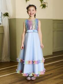 Girls Sequin Insert Colourblock Mesh Hem Party Dress - Blue - View 2