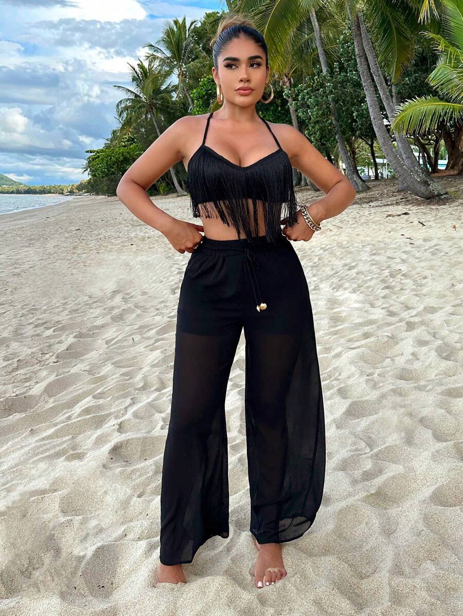 SHEIN SXY Quần nữ Dây kéo màu trơn Giải trí - màu đen - Xem 1