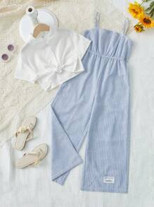 SHEIN Tween Girl Solid Shirt & Striped Cami Jumpsuit - Baby Blue - View 2