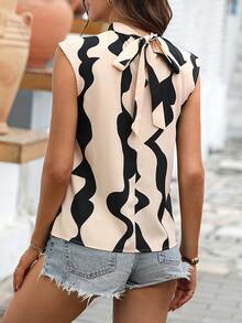 SHEIN Clasi Wave Striped Print Tie Neck Blouse - Apricot - View 6