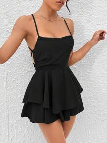 SHEIN PETITE 雙層下擺十字背無背帶黑色荷葉邊連身褲 - 黑色 - 查看 6