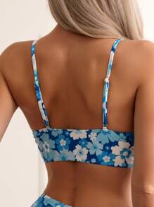 Floral Print Smocked Bikini Set - Blue and White - View 3