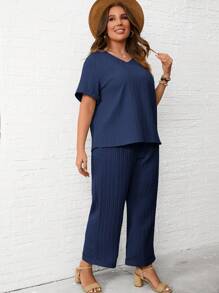 SHEIN LUNE Plus Solid V Neck Blouse & Wide Leg Trousers - Navy Blue - View 5