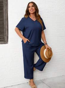 SHEIN LUNE Plus Solid V Neck Blouse & Wide Leg Trousers - Navy Blue - View 6