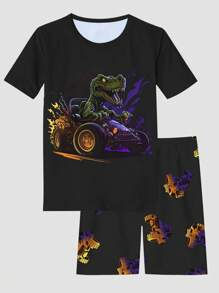 Tween Boy Snug Fit Dinosaur Racecar Short Sleeve Shorts Pajama Set - Black - View 1
