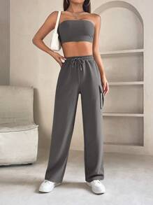 SHEIN PETITE Solid Crop Tube Top & Drawstring Waist Cargo Pants - Dark Grey - View 5