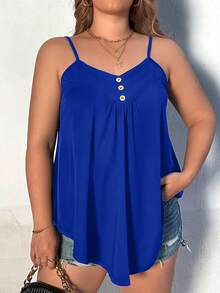 SHEIN LUNE Áo hai dây Plus Size Nút phía trước màu trơn Giải trí - Xanh đậm - Xem 7