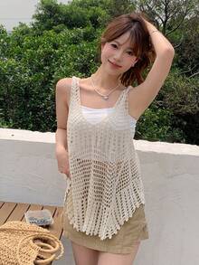 DAZY Top tank unicolor bajo asimétrico de croché - Beis - Ver 2