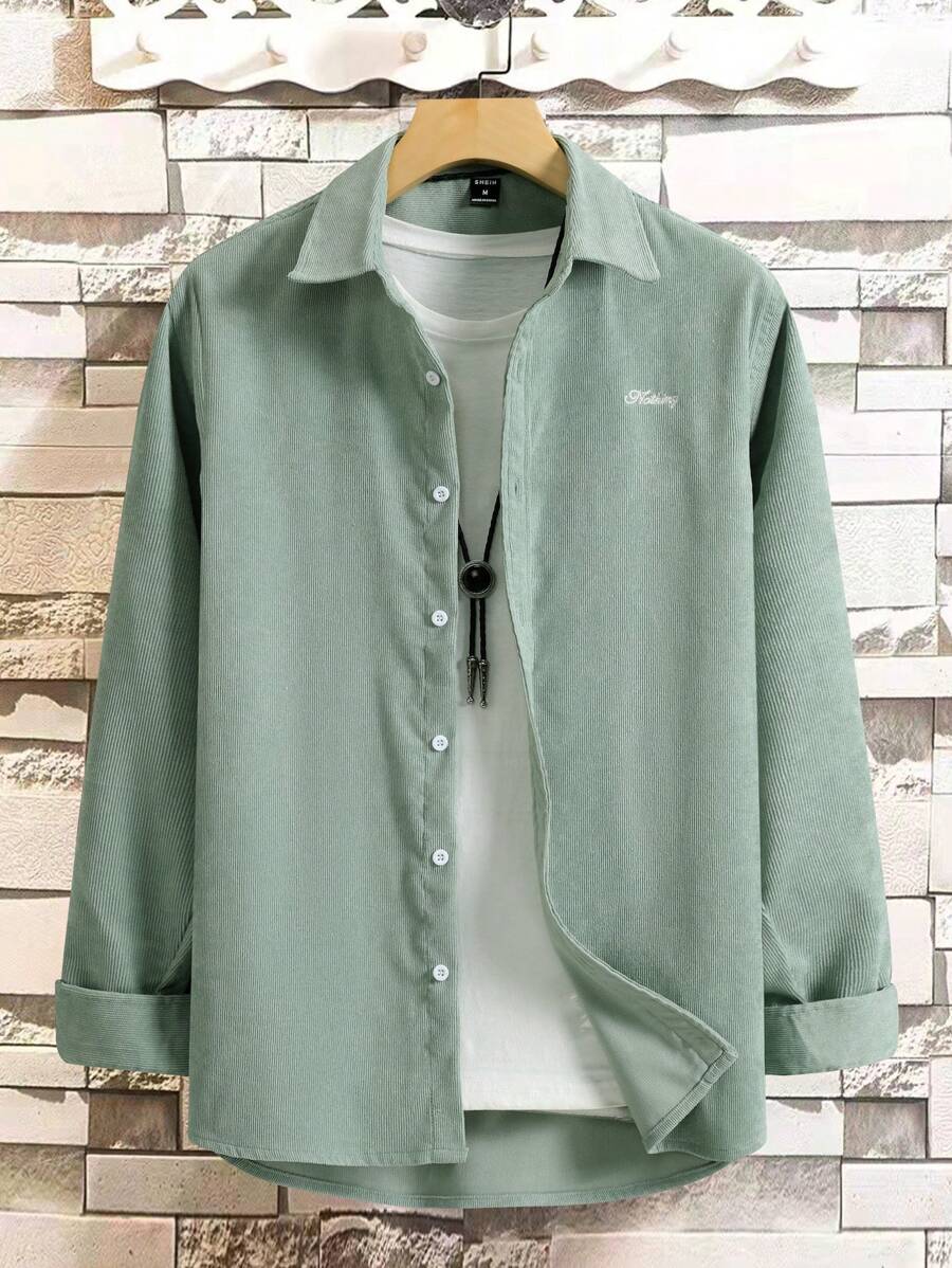 Manfinity Homme Men Letter Embroidery Button Front Corduroy Shirt Without Tee - Green - View 1