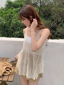 DAZY Top tank unicolor bajo asimétrico de croché - Beis - Ver 7