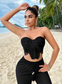 SHEIN SXY 素色褶邊緊身上衣抹胸上衣 - 黑色 - 查看 1