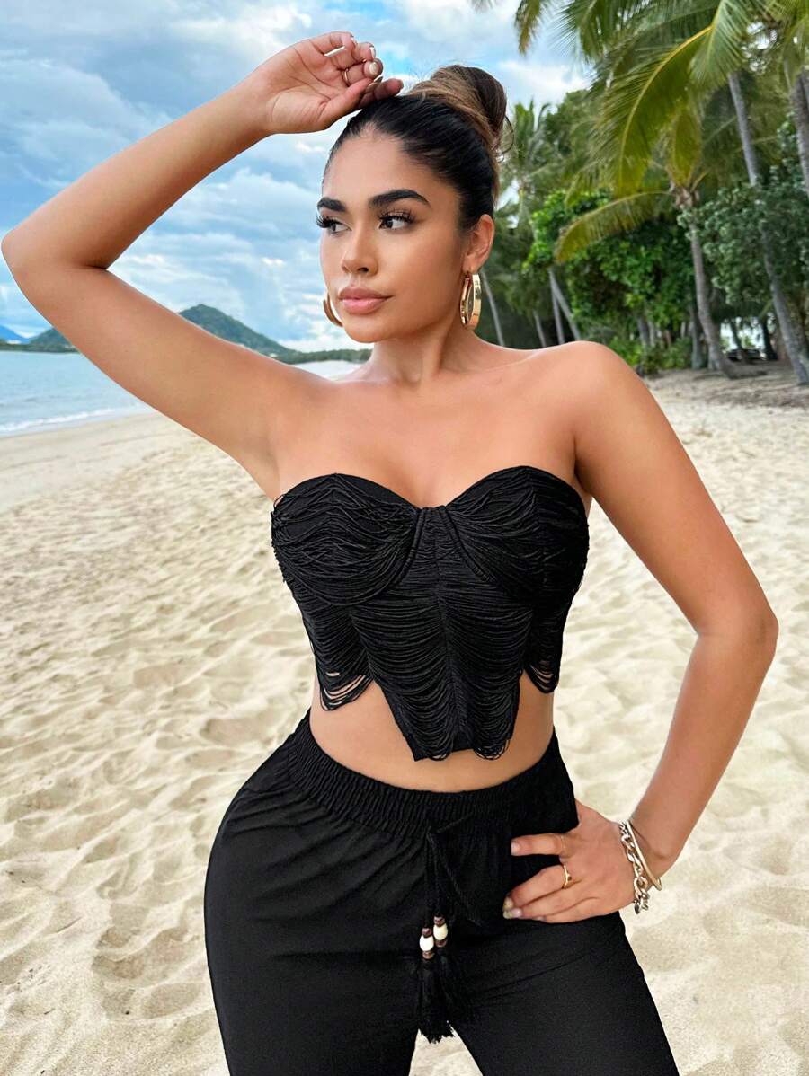 SHEIN SXY 素色褶邊緊身上衣抹胸上衣 - 黑色 - 查看 1