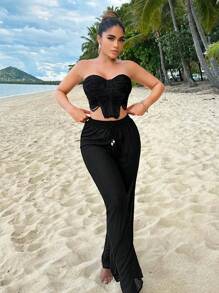 SHEIN SXY 素色褶邊緊身上衣抹胸上衣 - 黑色 - 查看 3