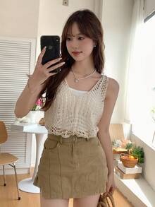 DAZY Top tank unicolor bajo asimétrico de croché - Beis - Ver 8