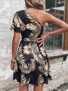 SHEIN VCAY Tropical Print One Shoulder Belted Dress - Black - View 2