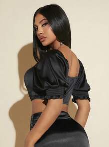 SHEIN SXY Square Neck Puff Sleeve Crop Top - Black - View 2