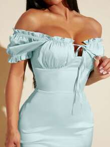 SHEIN SXY 一字肩前打結褶邊胸部褶皺緊身連衣裙 - 薄荷藍 - 查看 4