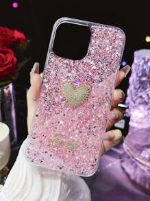 Sequin & Rhinestone Heart Decor Phone Case - Pink - View 1