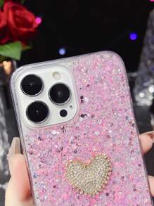 Sequin & Rhinestone Heart Decor Phone Case - Pink - View 2