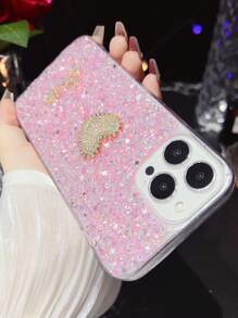 Sequin & Rhinestone Heart Decor Phone Case - Pink - View 3