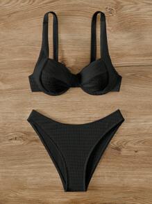 Solid Underwire Bikini Set For Summer Beach - Black - View 3